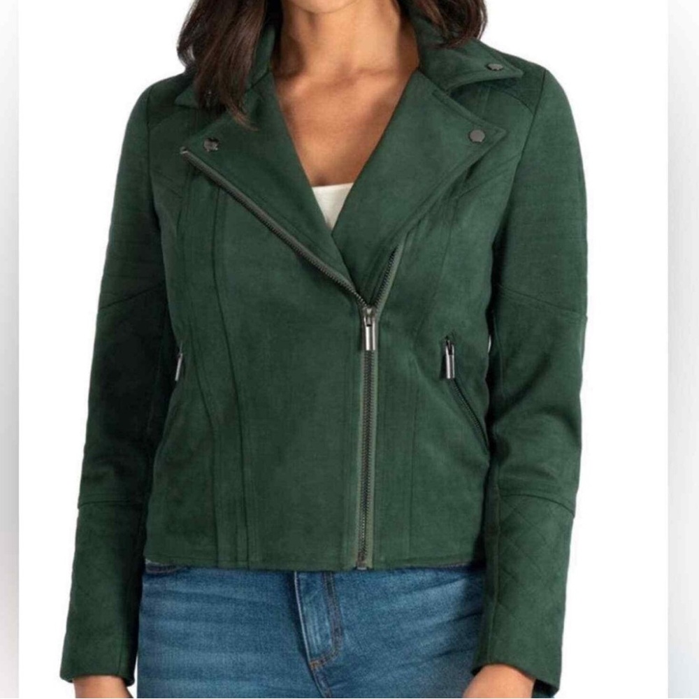 KUT from the KLOTH Quinn Vegan Suede Moto Jacket in dark forest green medium